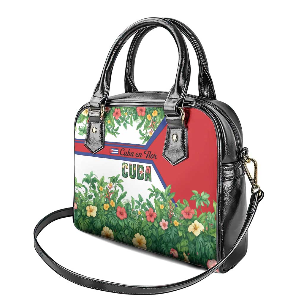 Cuba Floral Shoulder Handbag Tropical Flower Design with Cuban Flag and Cuba en Flor Script TS04
