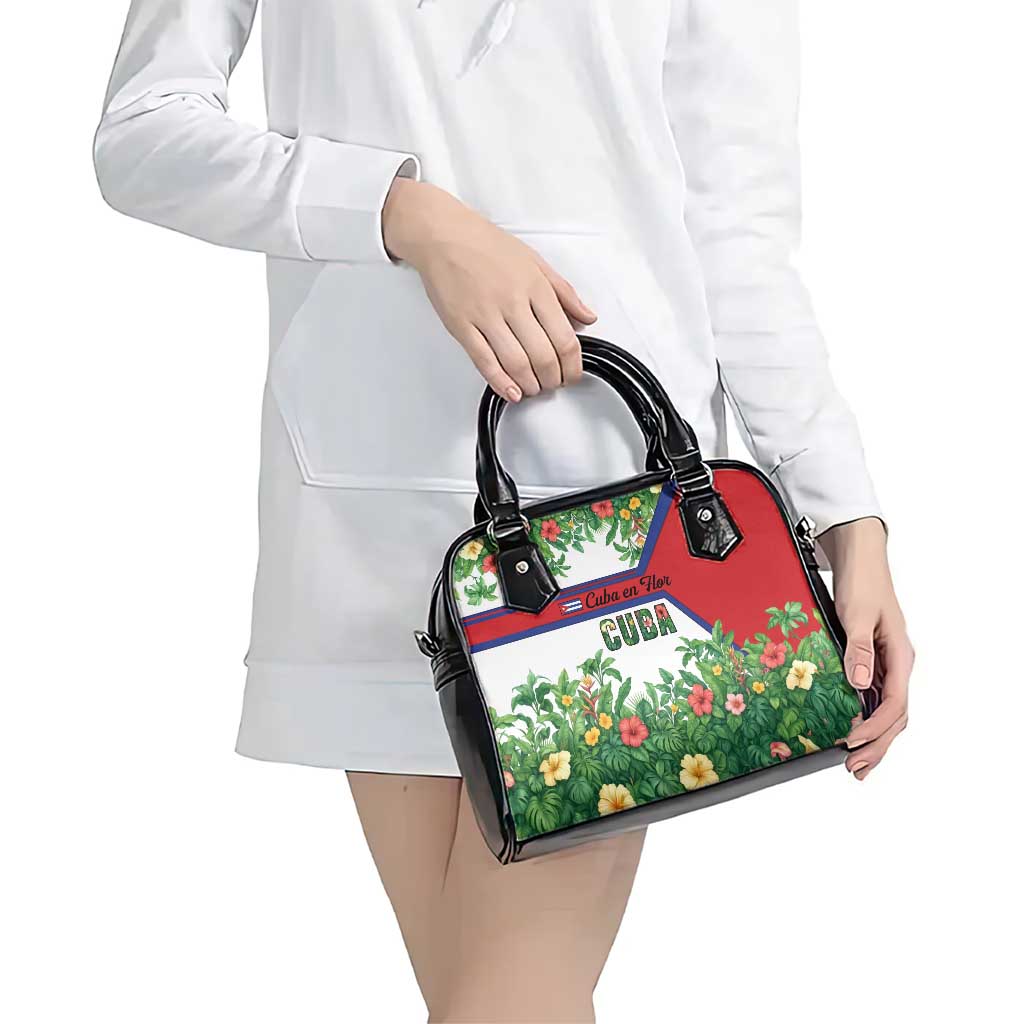 Cuba Floral Shoulder Handbag Tropical Flower Design with Cuban Flag and Cuba en Flor Script TS04