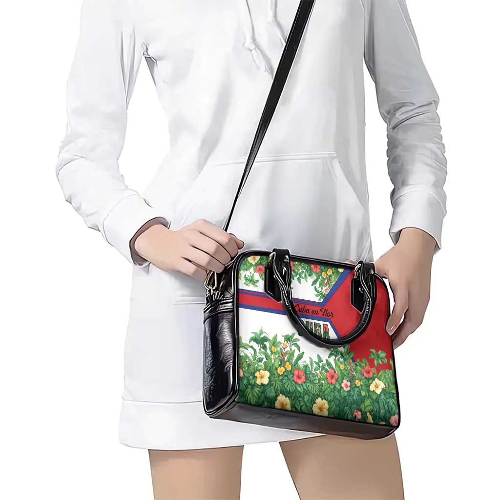 Cuba Floral Shoulder Handbag Tropical Flower Design with Cuban Flag and Cuba en Flor Script TS04