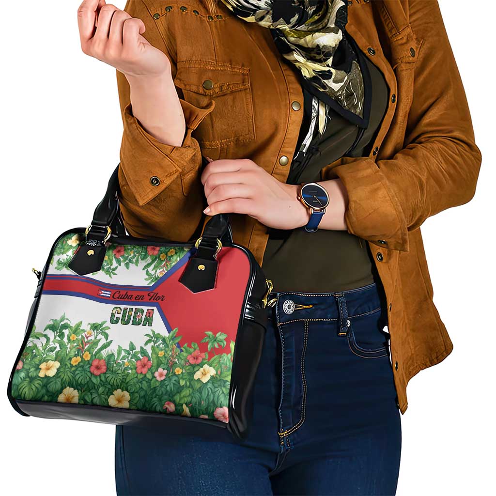 Cuba Floral Shoulder Handbag Tropical Flower Design with Cuban Flag and Cuba en Flor Script TS04