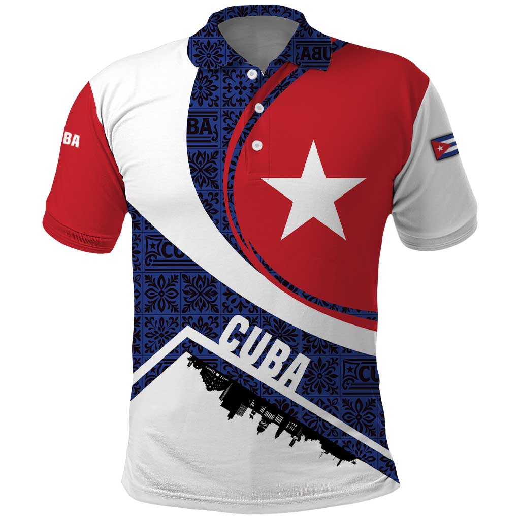 Cuba Flag Polo Shirt Red White and Blue Design with Cuban Star and Havana City Skyline TS04