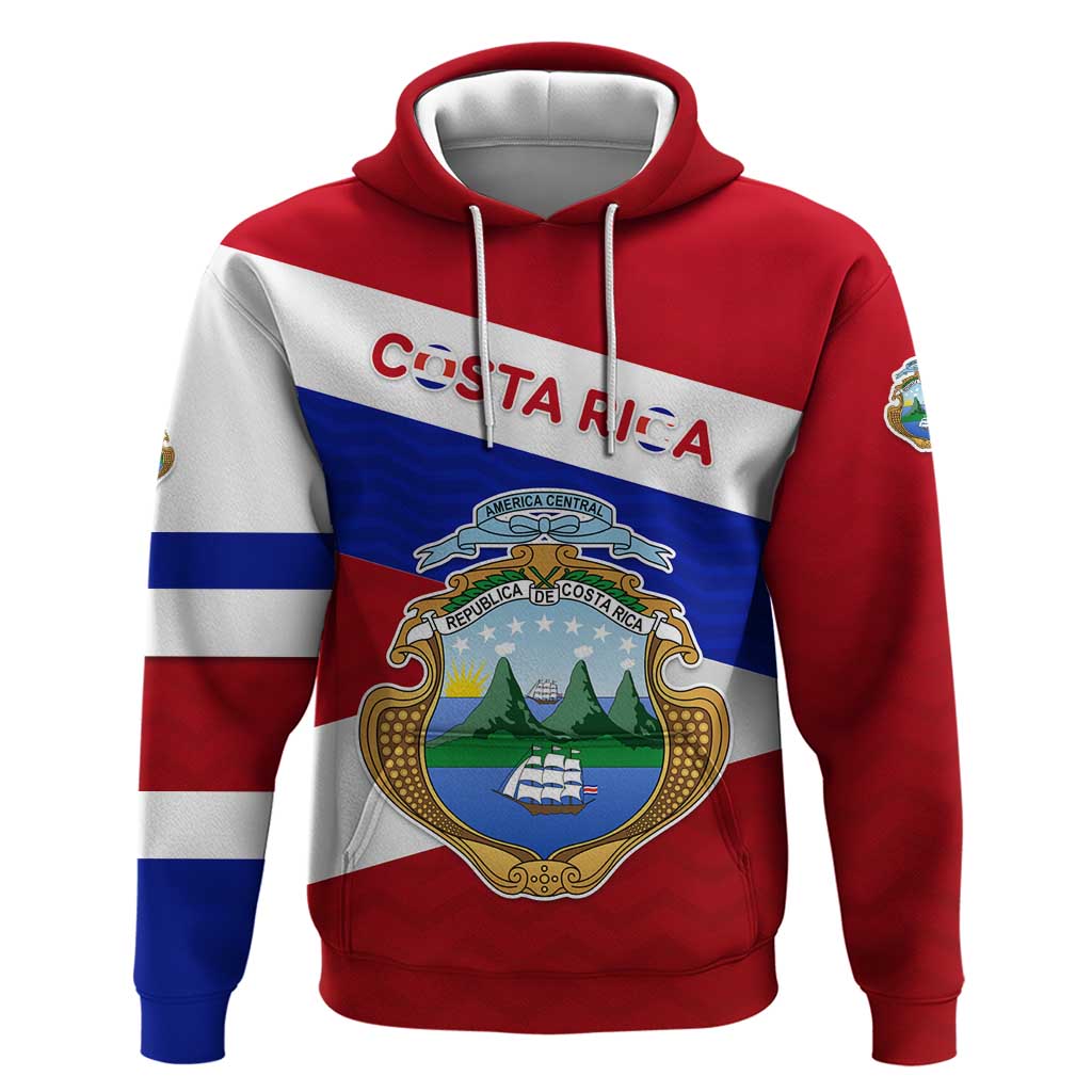 Costa Rica Flag Hoodie Red White Blue with National Coat of Arms and Shield Design TS04