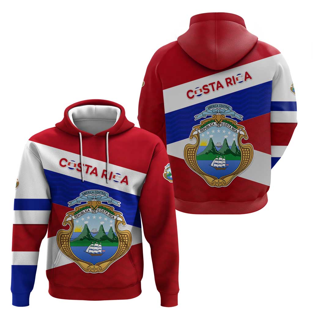 Costa Rica Flag Hoodie Red White Blue with National Coat of Arms and Shield Design TS04
