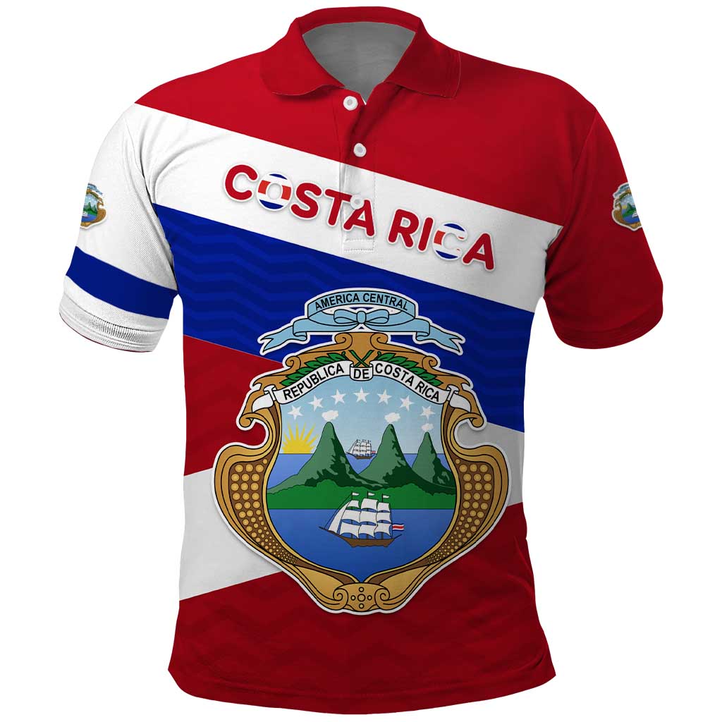 Costa Rica Flag Polo Shirt Red White Blue with National Coat of Arms and Shield Design TS04