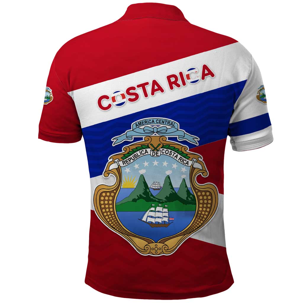 Costa Rica Flag Polo Shirt Red White Blue with National Coat of Arms and Shield Design TS04