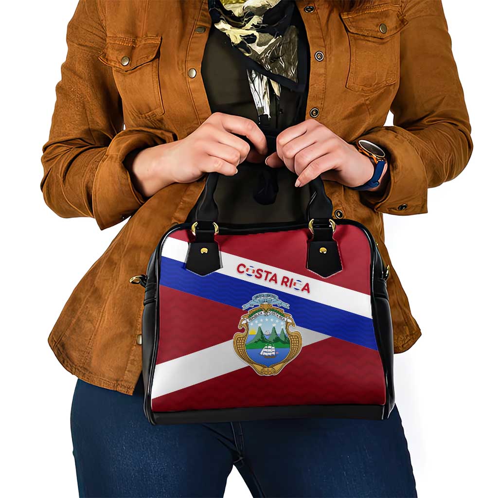 Costa Rica Flag Shoulder Handbag Red White Blue with National Coat of Arms and Shield Design TS04
