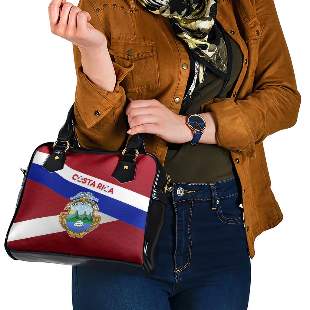 Costa Rica Flag Shoulder Handbag Red White Blue with National Coat of Arms and Shield Design TS04