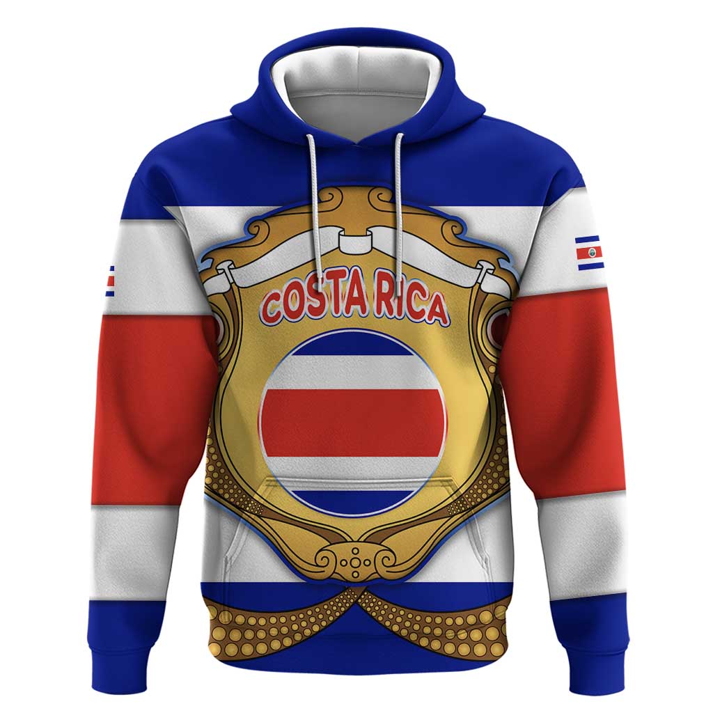 Costa Rica Flag Map Hoodie Red White Blue with National Colors and Gold Crest Design TS04