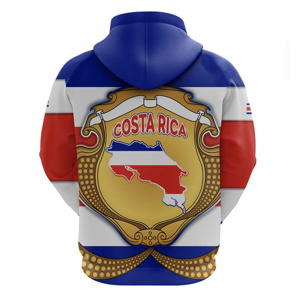Costa Rica Flag Map Hoodie Red White Blue with National Colors and Gold Crest Design TS04