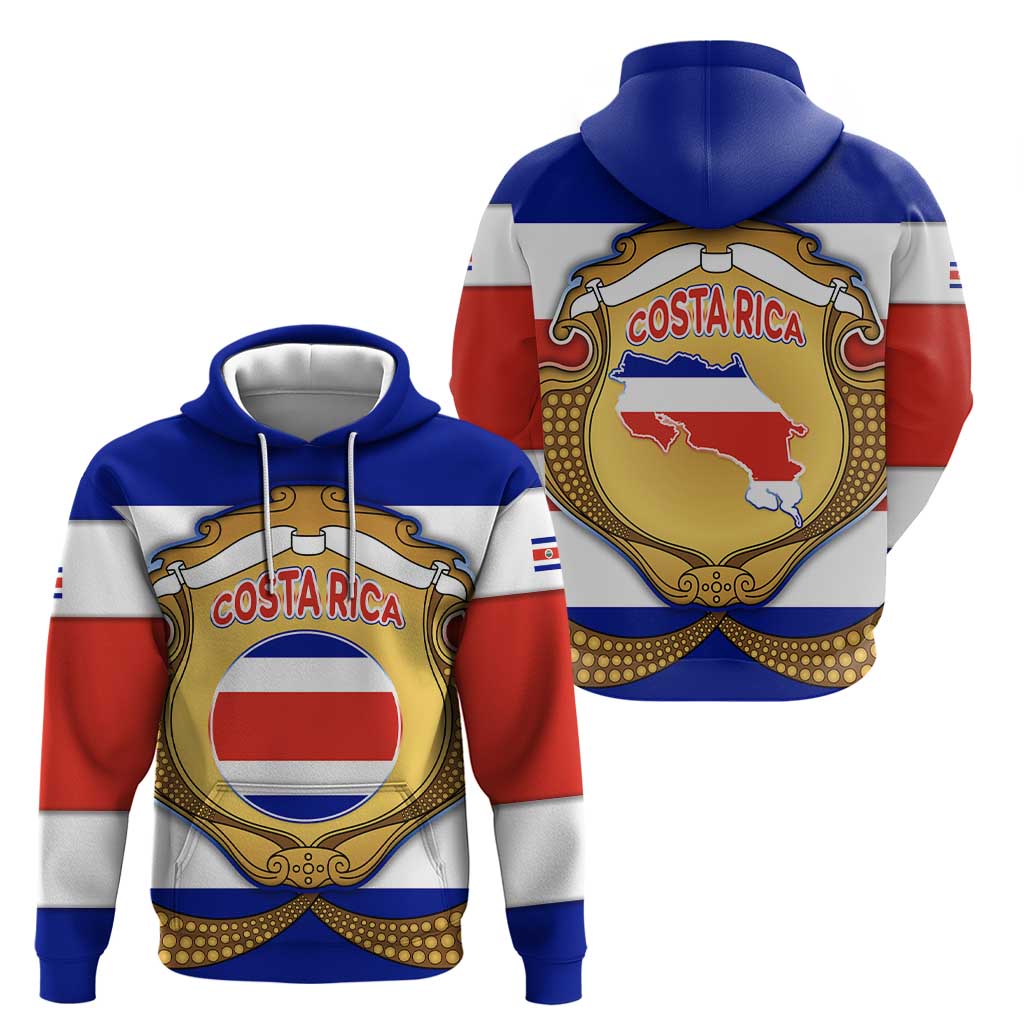 Costa Rica Flag Map Hoodie Red White Blue with National Colors and Gold Crest Design TS04