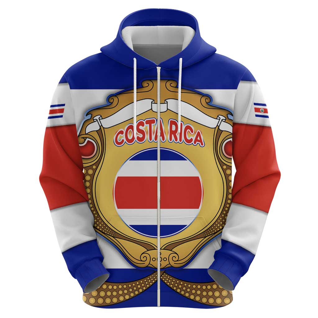 Costa Rica Flag Map Hoodie Red White Blue with National Colors and Gold Crest Design TS04