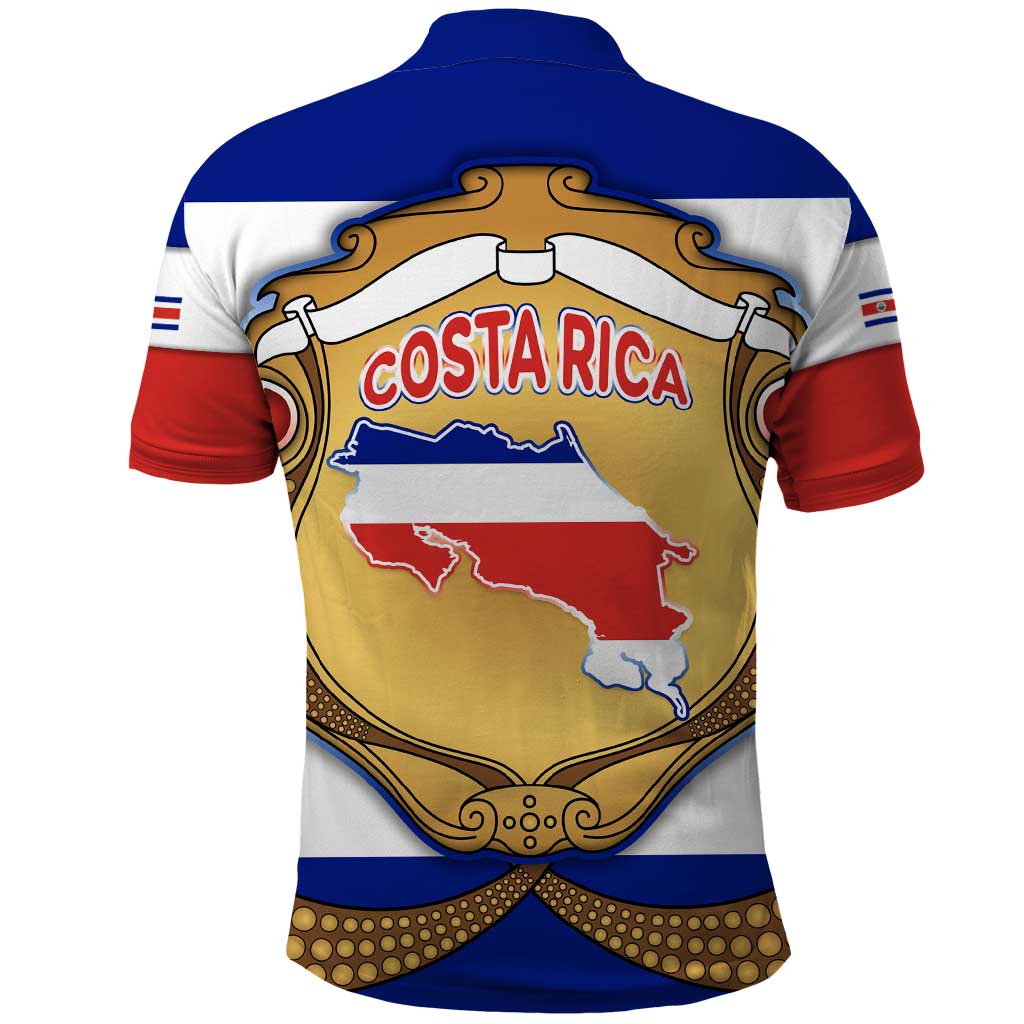 Costa Rica Flag Map Polo Shirt Red White Blue with National Colors and Gold Crest Design TS04
