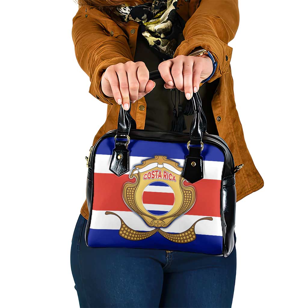 Costa Rica Flag Map Shoulder Handbag Red White Blue with National Colors and Gold Crest Design TS04