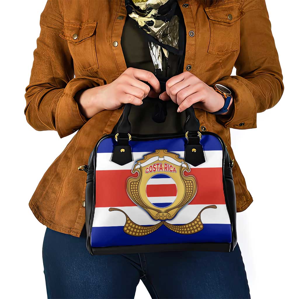 Costa Rica Flag Map Shoulder Handbag Red White Blue with National Colors and Gold Crest Design TS04