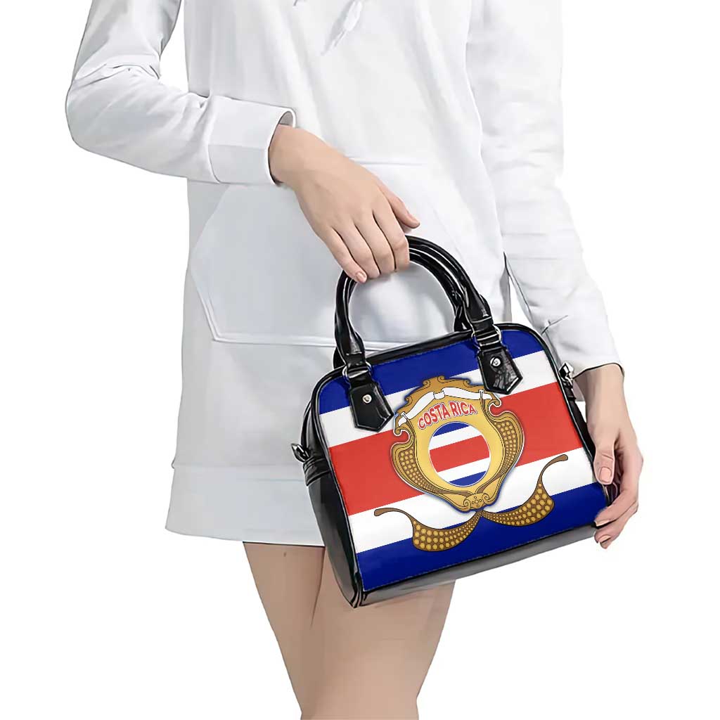 Costa Rica Flag Map Shoulder Handbag Red White Blue with National Colors and Gold Crest Design TS04