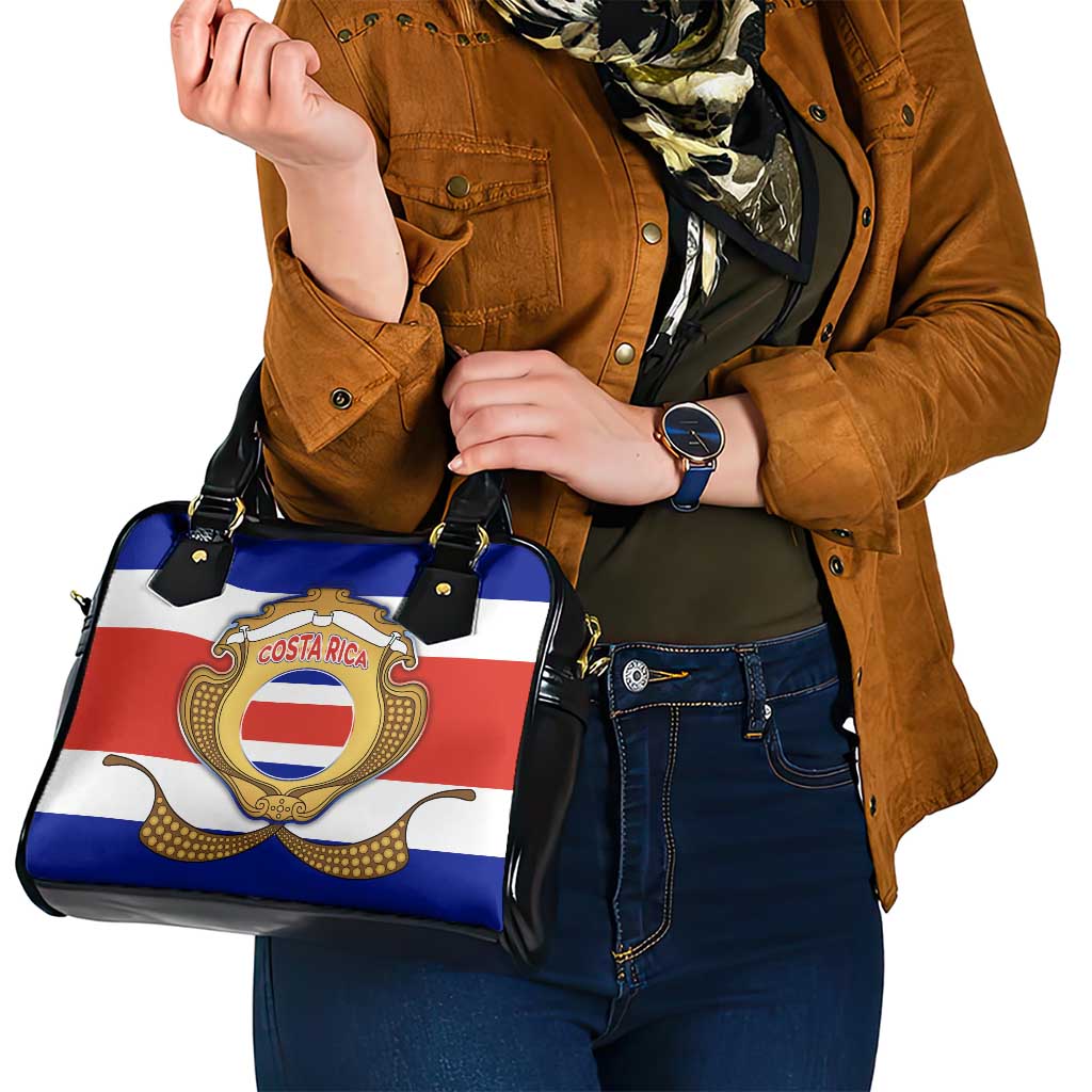 Costa Rica Flag Map Shoulder Handbag Red White Blue with National Colors and Gold Crest Design TS04