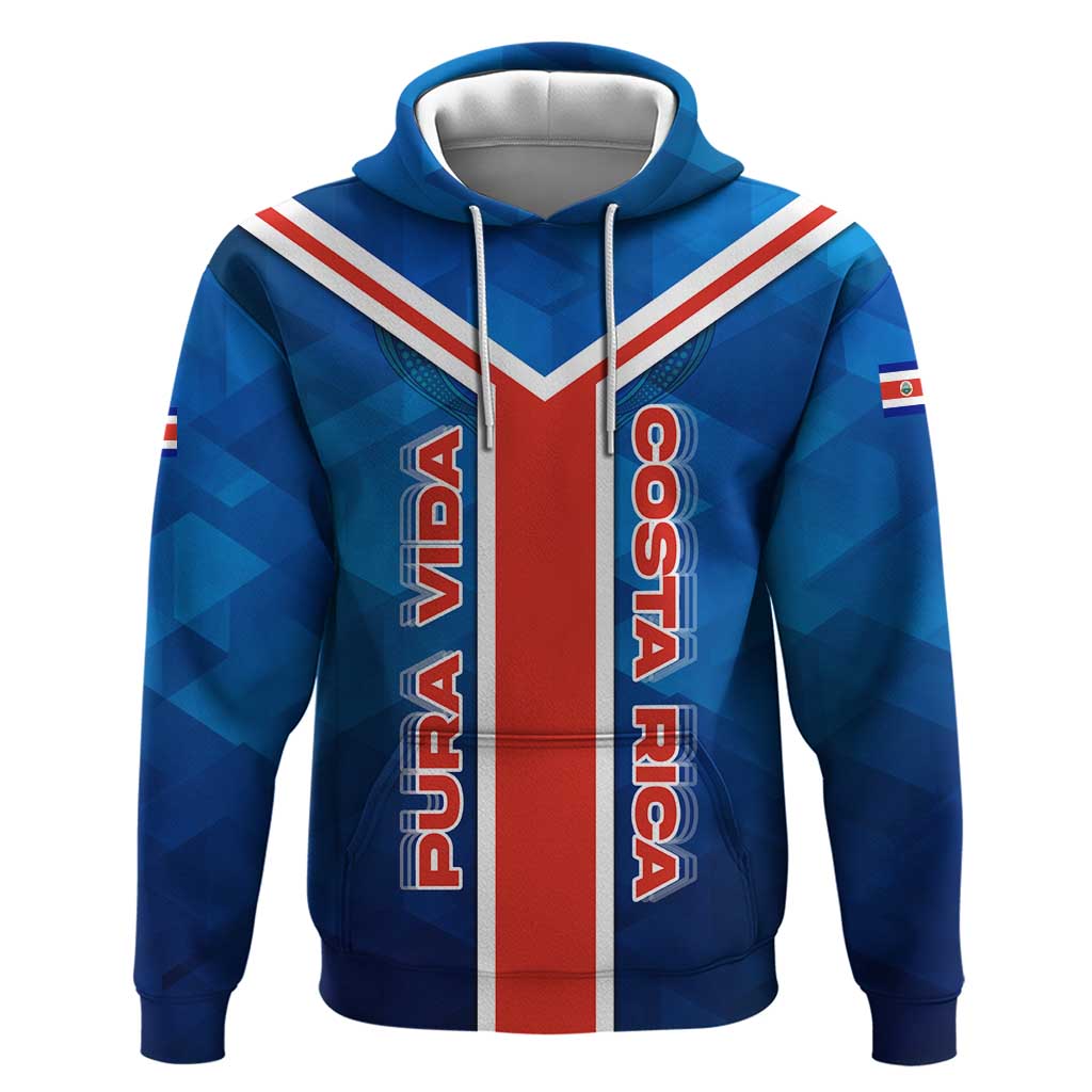 Costa Rica Pura Vida Hoodie Blue Geometric with Red Stripe and National Flag Detail TS04