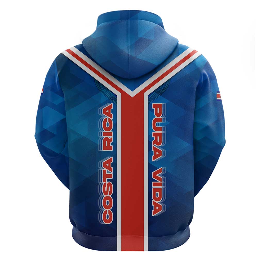 Costa Rica Pura Vida Hoodie Blue Geometric with Red Stripe and National Flag Detail TS04