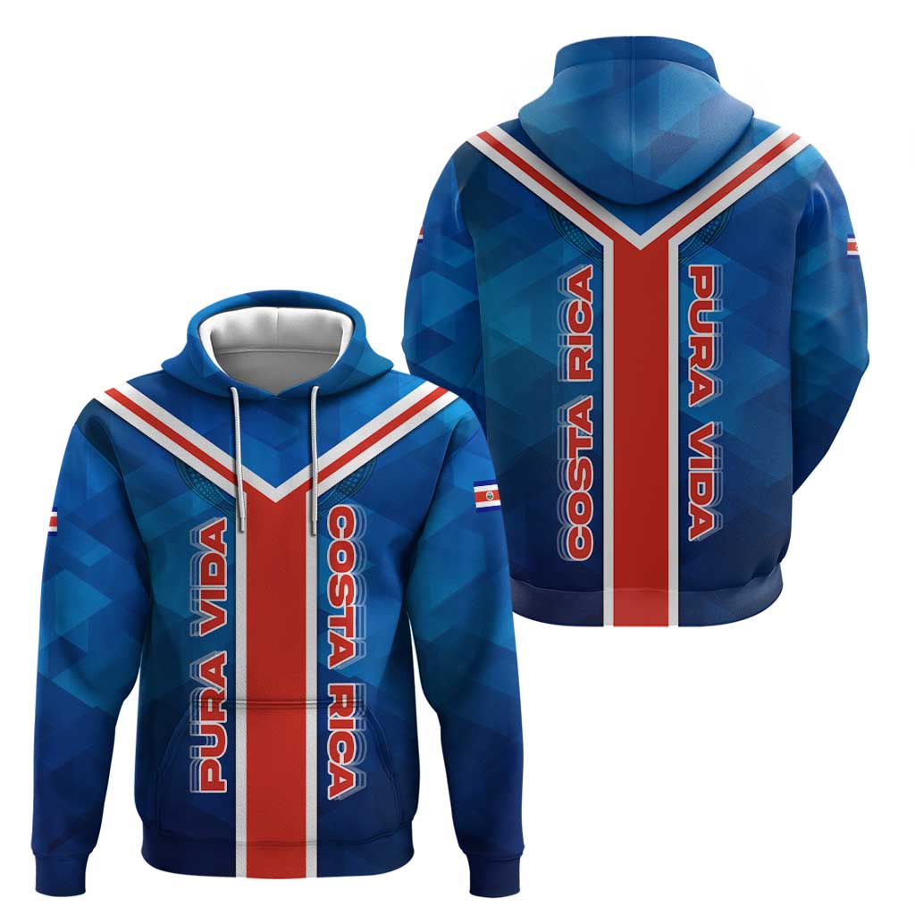 Costa Rica Pura Vida Hoodie Blue Geometric with Red Stripe and National Flag Detail TS04