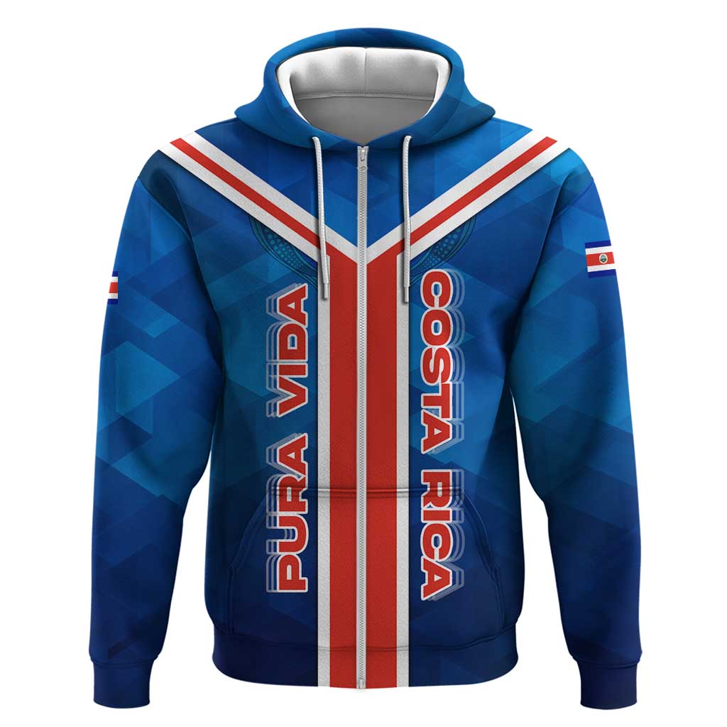 Costa Rica Pura Vida Hoodie Blue Geometric with Red Stripe and National Flag Detail TS04