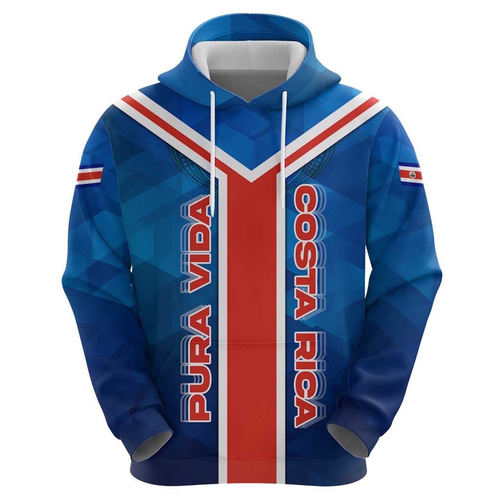Costa Rica Pura Vida Hoodie Blue Geometric with Red Stripe and National Flag Detail TS04