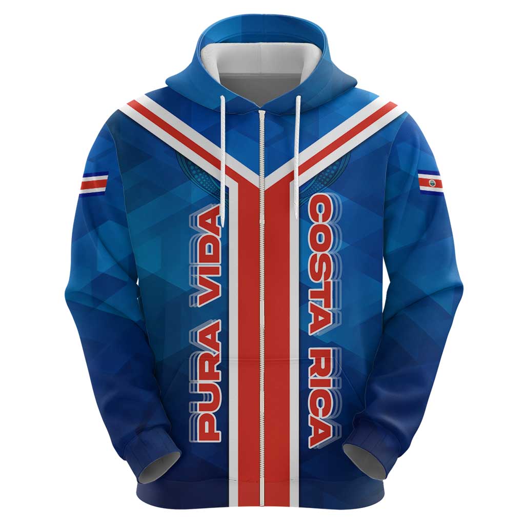 Costa Rica Pura Vida Hoodie Blue Geometric with Red Stripe and National Flag Detail TS04