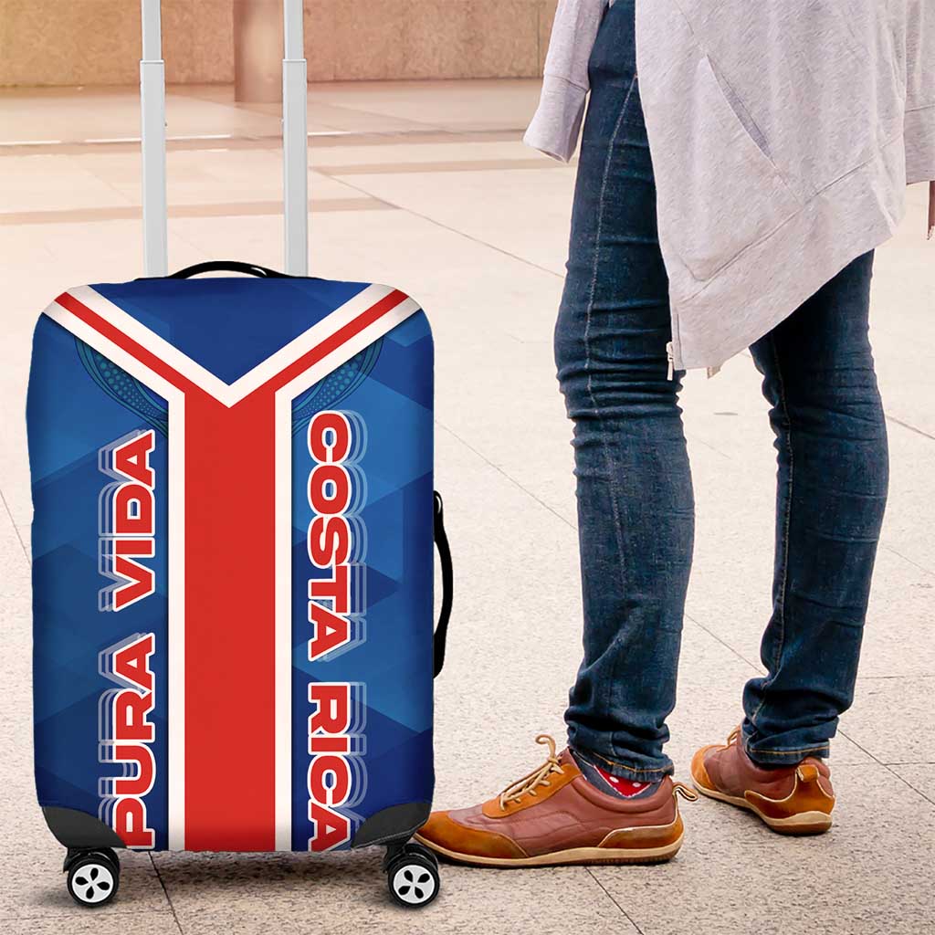 Costa Rica Pura Vida Luggage Cover Blue Geometric with Red Stripe and National Flag Detail TS04