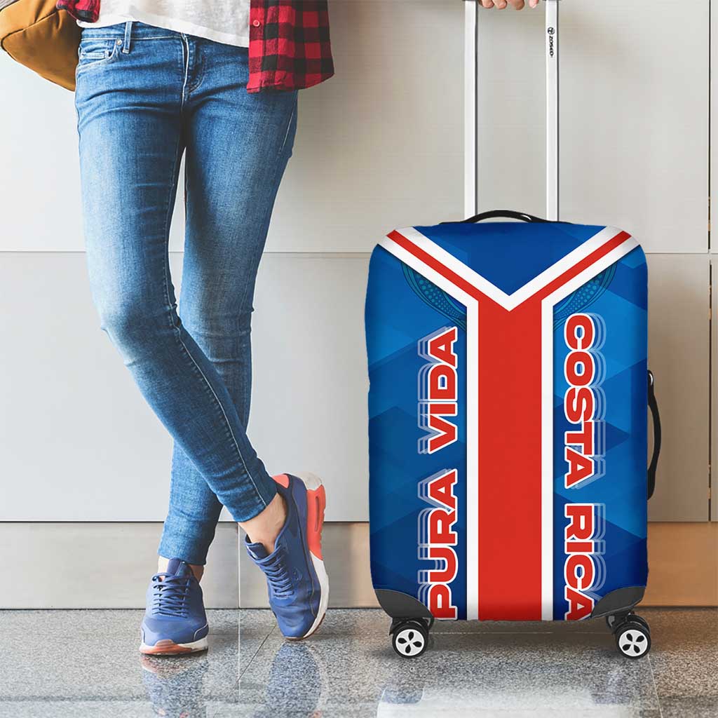 Costa Rica Pura Vida Luggage Cover Blue Geometric with Red Stripe and National Flag Detail TS04