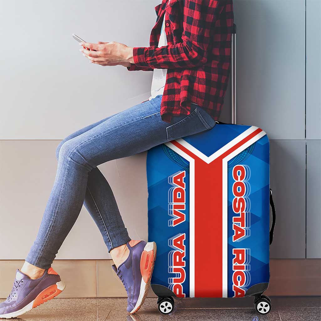 Costa Rica Pura Vida Luggage Cover Blue Geometric with Red Stripe and National Flag Detail TS04