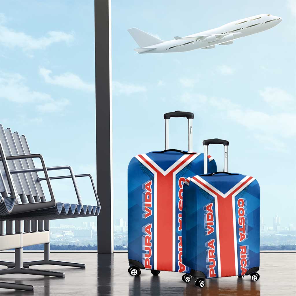 Costa Rica Pura Vida Luggage Cover Blue Geometric with Red Stripe and National Flag Detail TS04