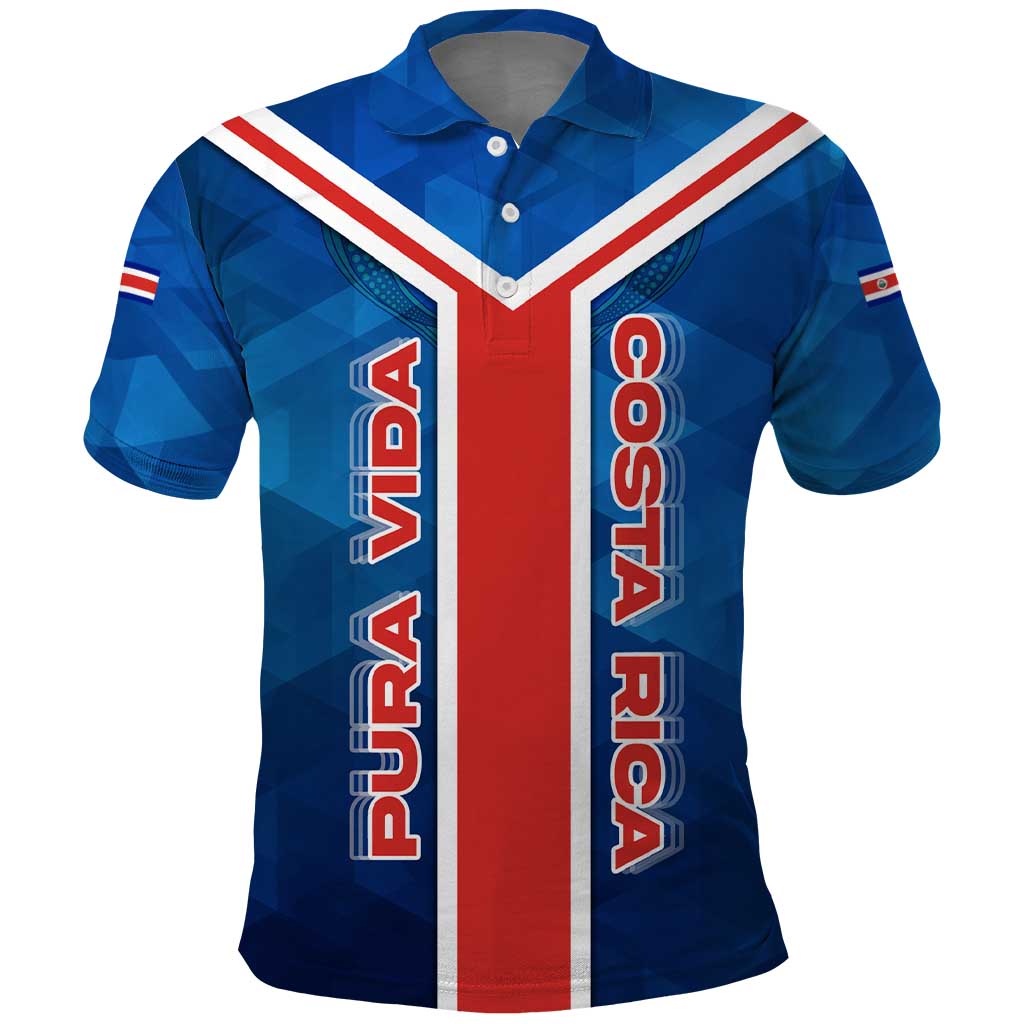 Costa Rica Pura Vida Polo Shirt Blue Geometric with Red Stripe and National Flag Detail TS04