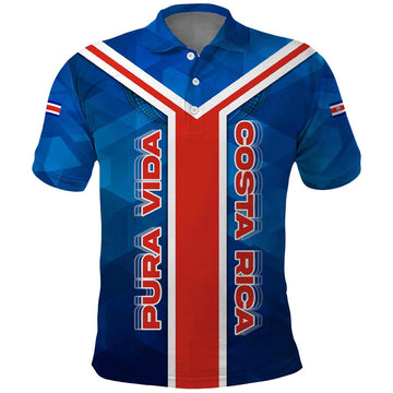 Costa Rica Pura Vida Polo Shirt Blue Geometric with Red Stripe and National Flag Detail TS04