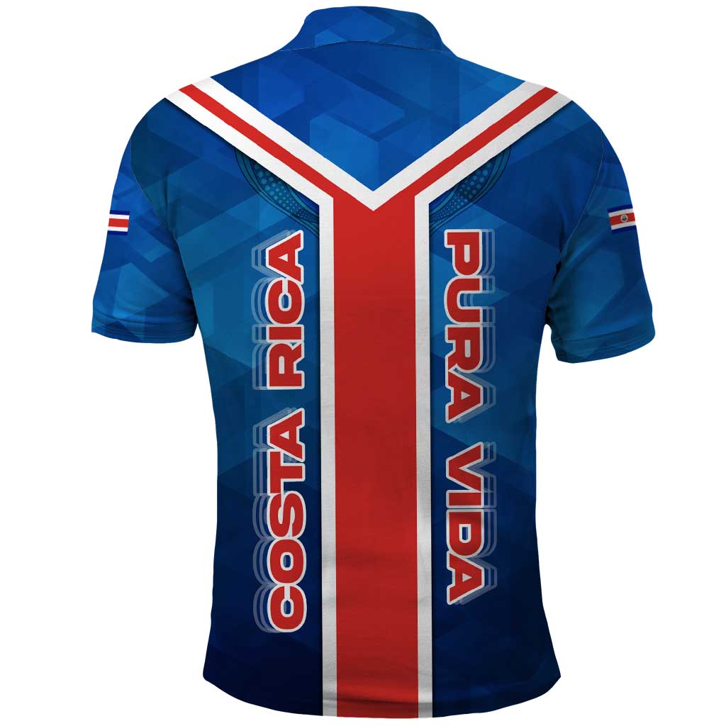 Costa Rica Pura Vida Polo Shirt Blue Geometric with Red Stripe and National Flag Detail TS04