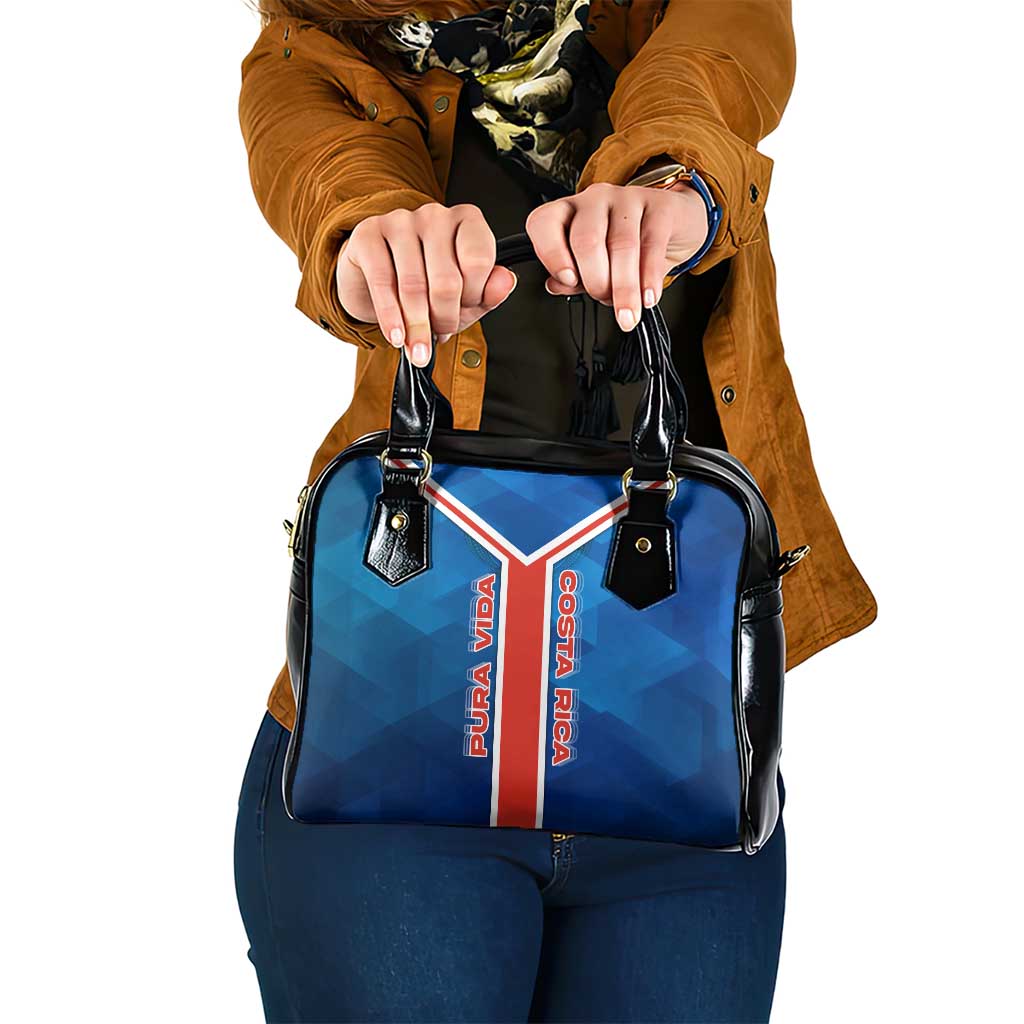 Costa Rica Pura Vida Shoulder Handbag Blue Geometric with Red Stripe and National Flag Detail TS04