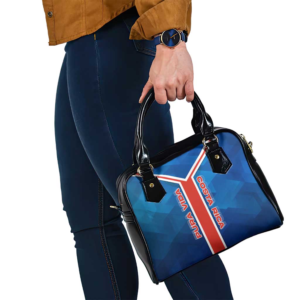 Costa Rica Pura Vida Shoulder Handbag Blue Geometric with Red Stripe and National Flag Detail TS04