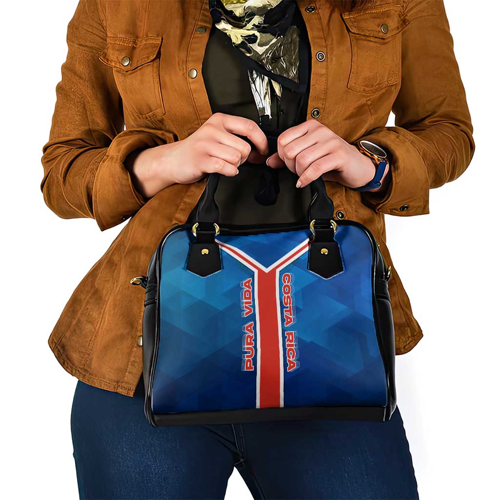 Costa Rica Pura Vida Shoulder Handbag Blue Geometric with Red Stripe and National Flag Detail TS04
