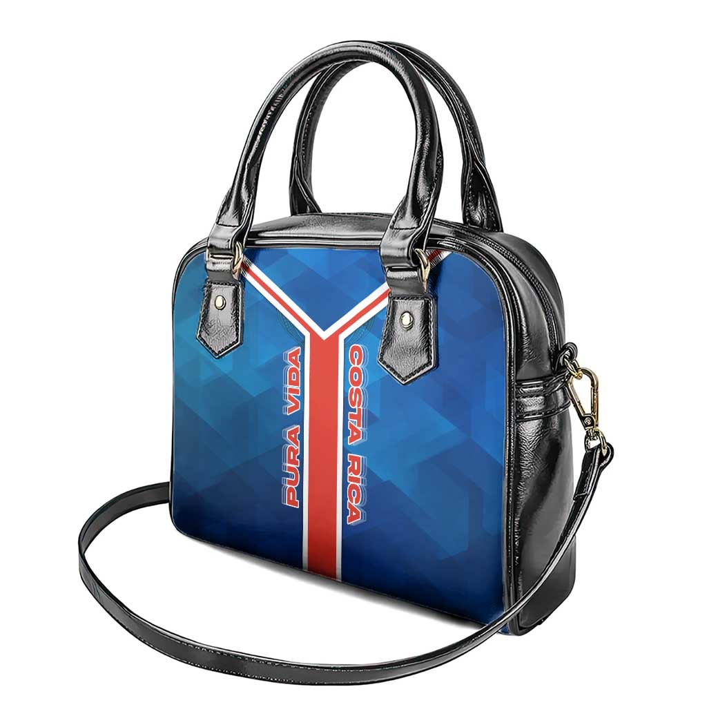 Costa Rica Pura Vida Shoulder Handbag Blue Geometric with Red Stripe and National Flag Detail TS04