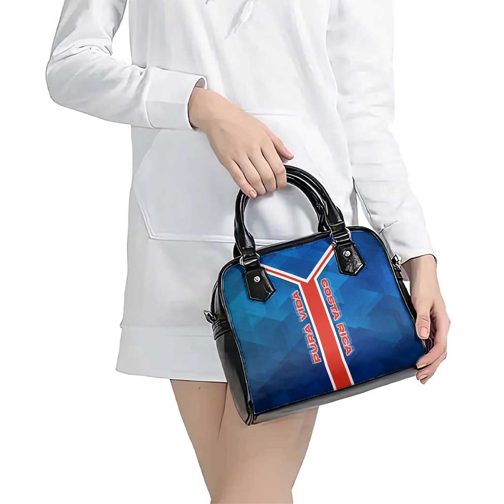 Costa Rica Pura Vida Shoulder Handbag Blue Geometric with Red Stripe and National Flag Detail TS04