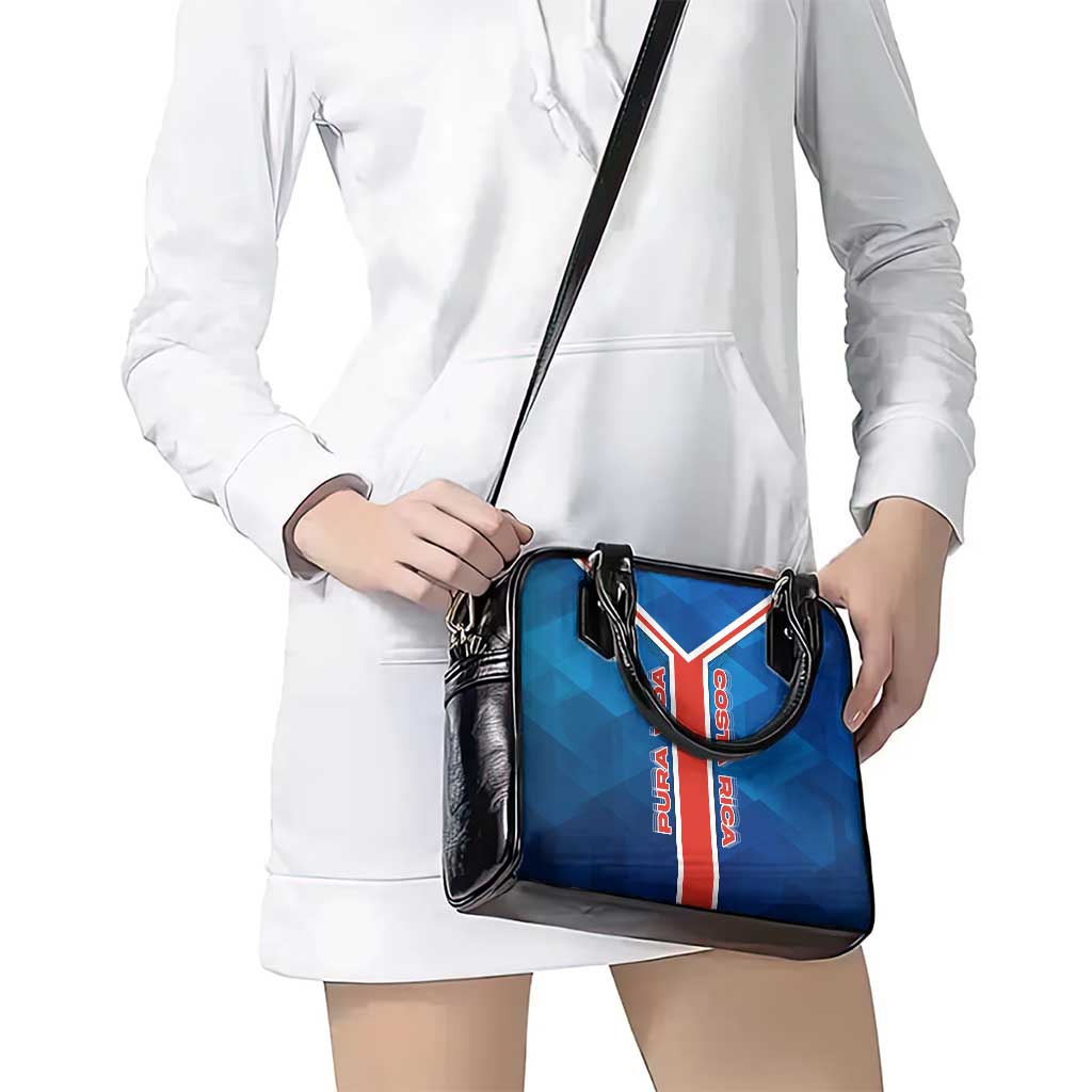 Costa Rica Pura Vida Shoulder Handbag Blue Geometric with Red Stripe and National Flag Detail TS04