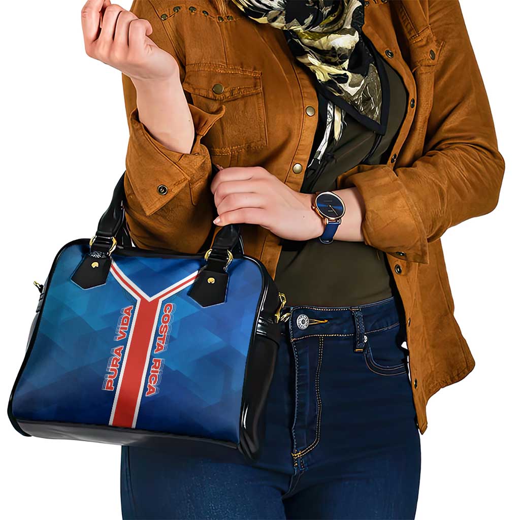Costa Rica Pura Vida Shoulder Handbag Blue Geometric with Red Stripe and National Flag Detail TS04
