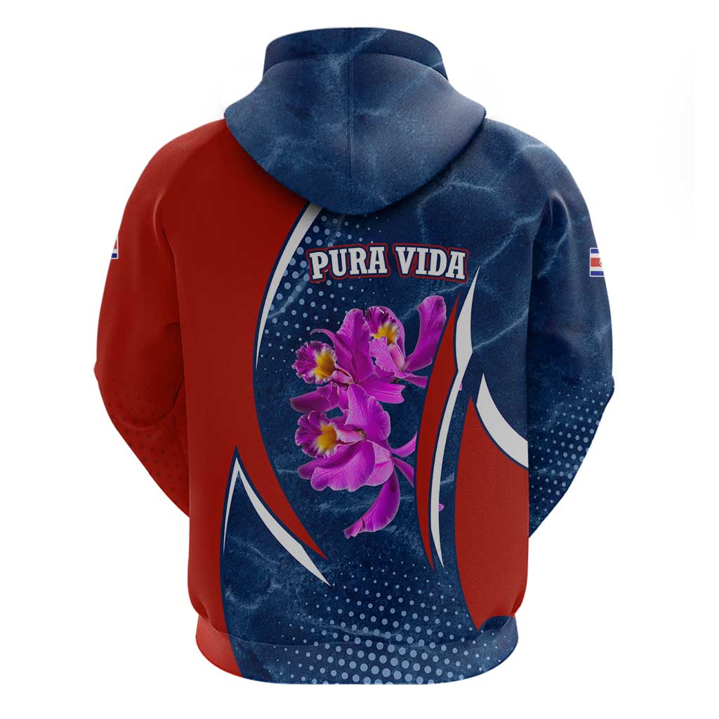 Costa Rica Orchid Hoodie Red and Blue with National Emblem and Purple Flower Design TS04