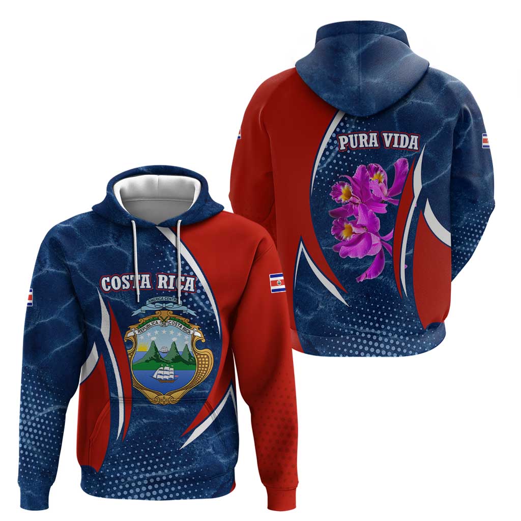 Costa Rica Orchid Hoodie Red and Blue with National Emblem and Purple Flower Design TS04