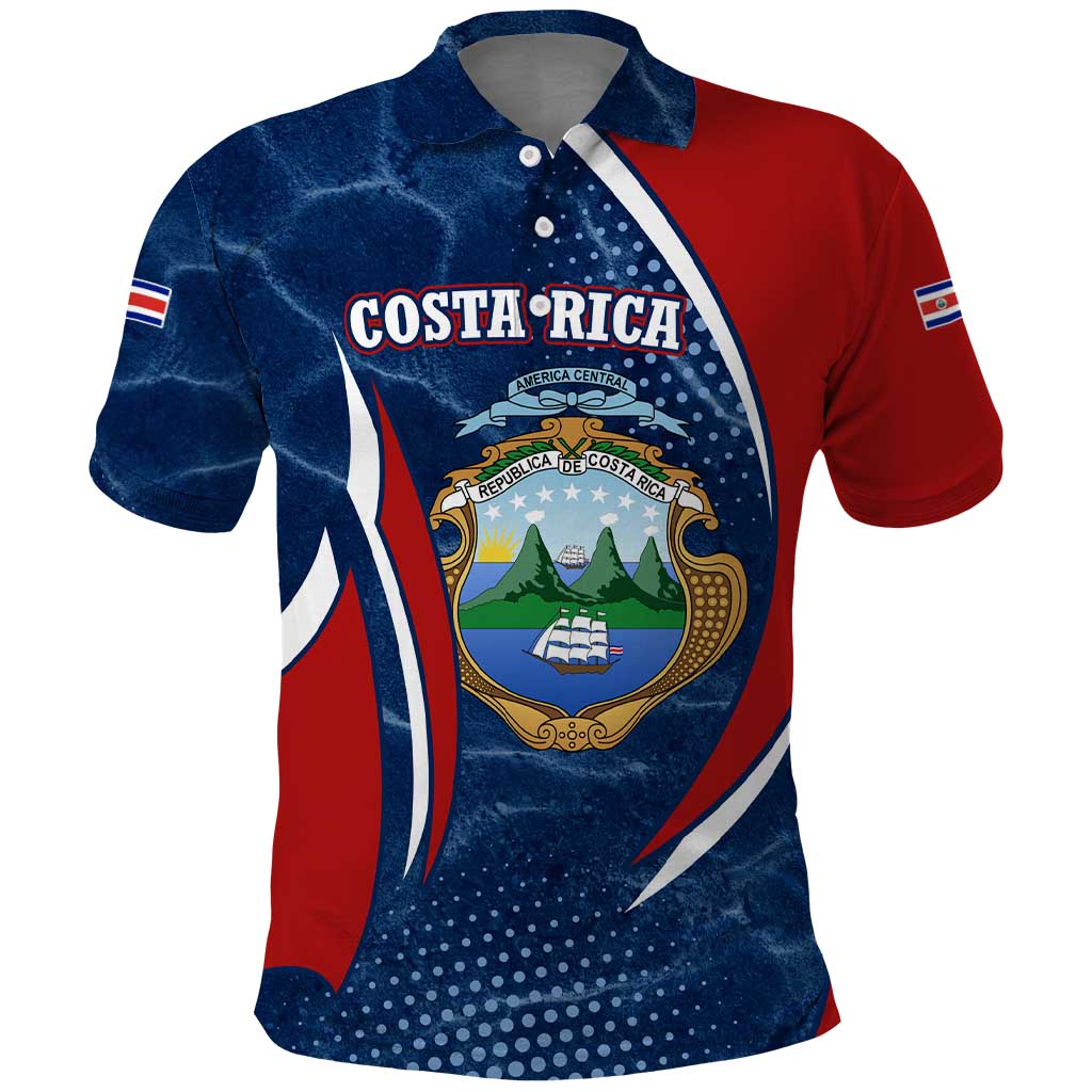 Costa Rica Orchid Polo Shirt Red and Blue with National Emblem and Purple Flower Design TS04