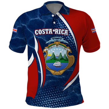 Costa Rica Orchid Polo Shirt Red and Blue with National Emblem and Purple Flower Design TS04