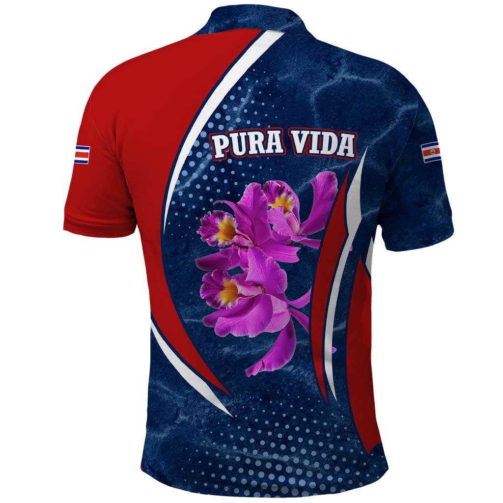 Costa Rica Orchid Polo Shirt Red and Blue with National Emblem and Purple Flower Design TS04