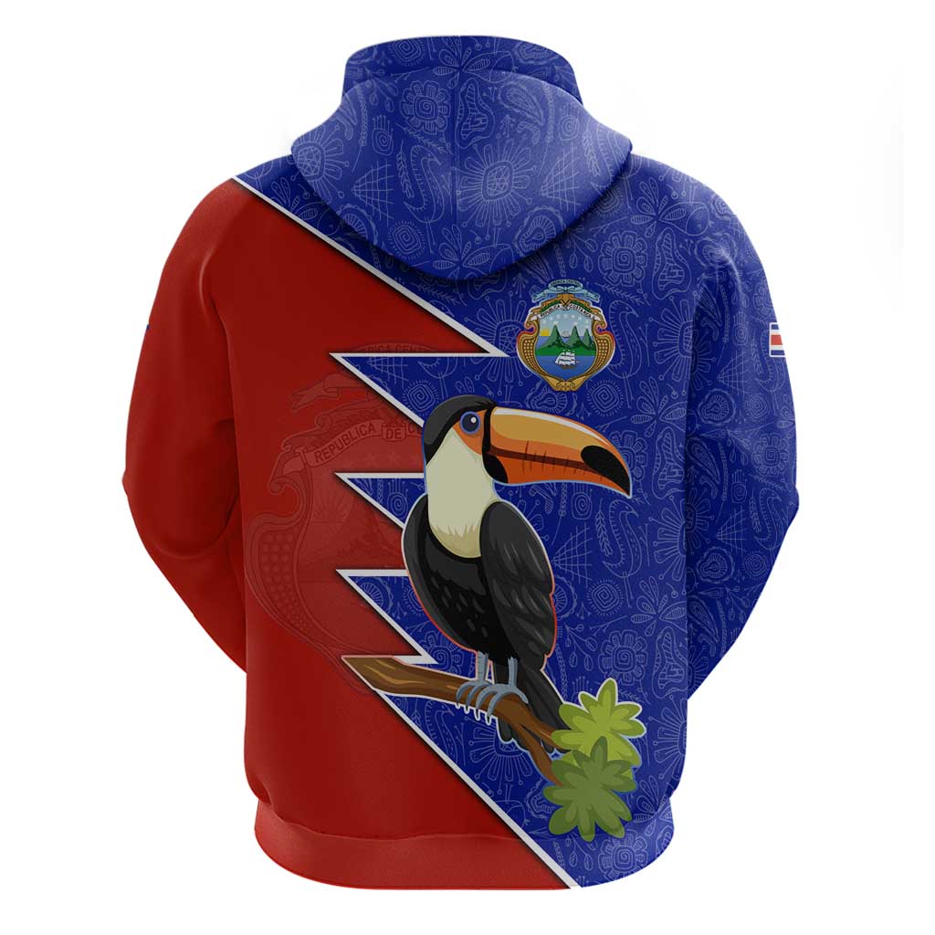 Costa Rica Toucan Hoodie Red and Blue with National Seal and Tropical Bird Graphic TS04