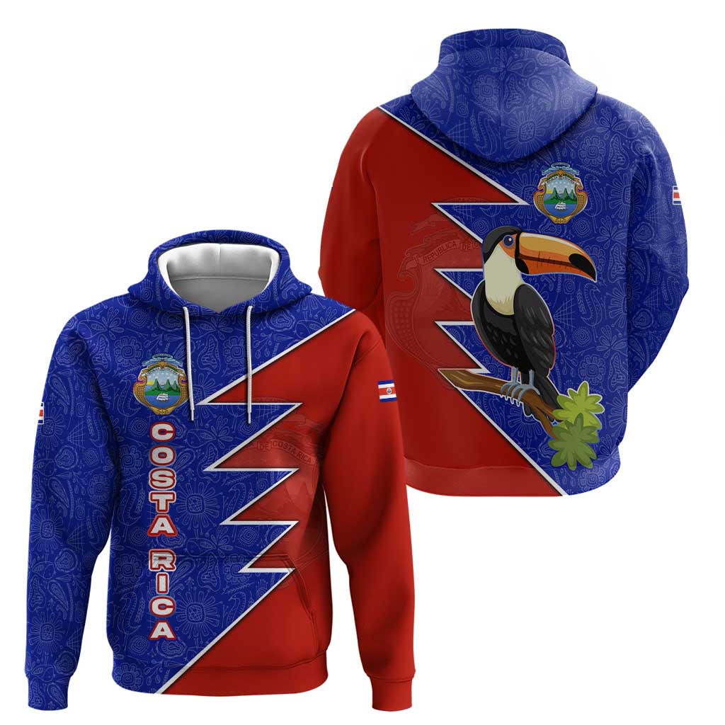 Costa Rica Toucan Hoodie Red and Blue with National Seal and Tropical Bird Graphic TS04