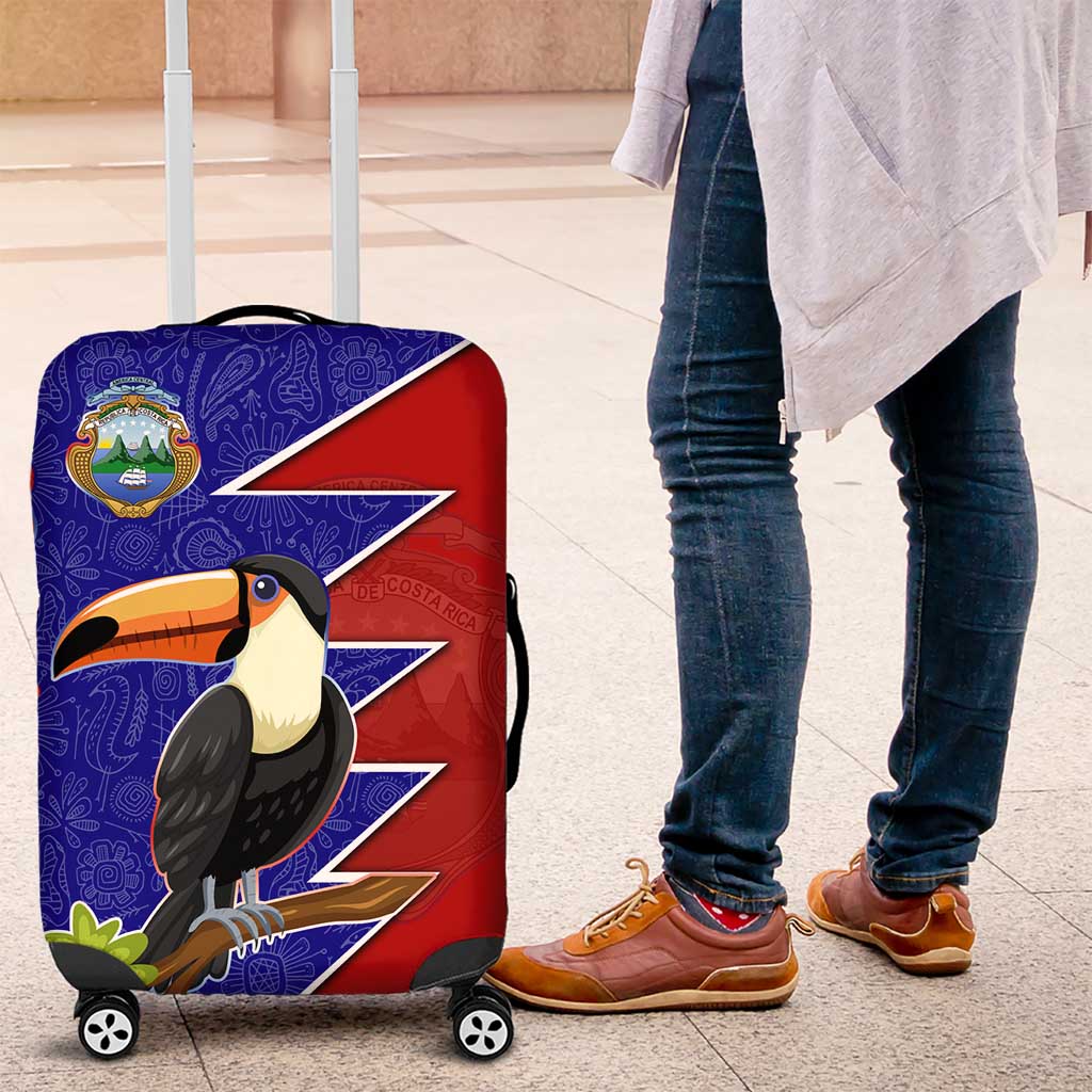 Costa Rica Toucan Luggage Cover Red and Blue with National Seal and Tropical Bird Graphic TS04