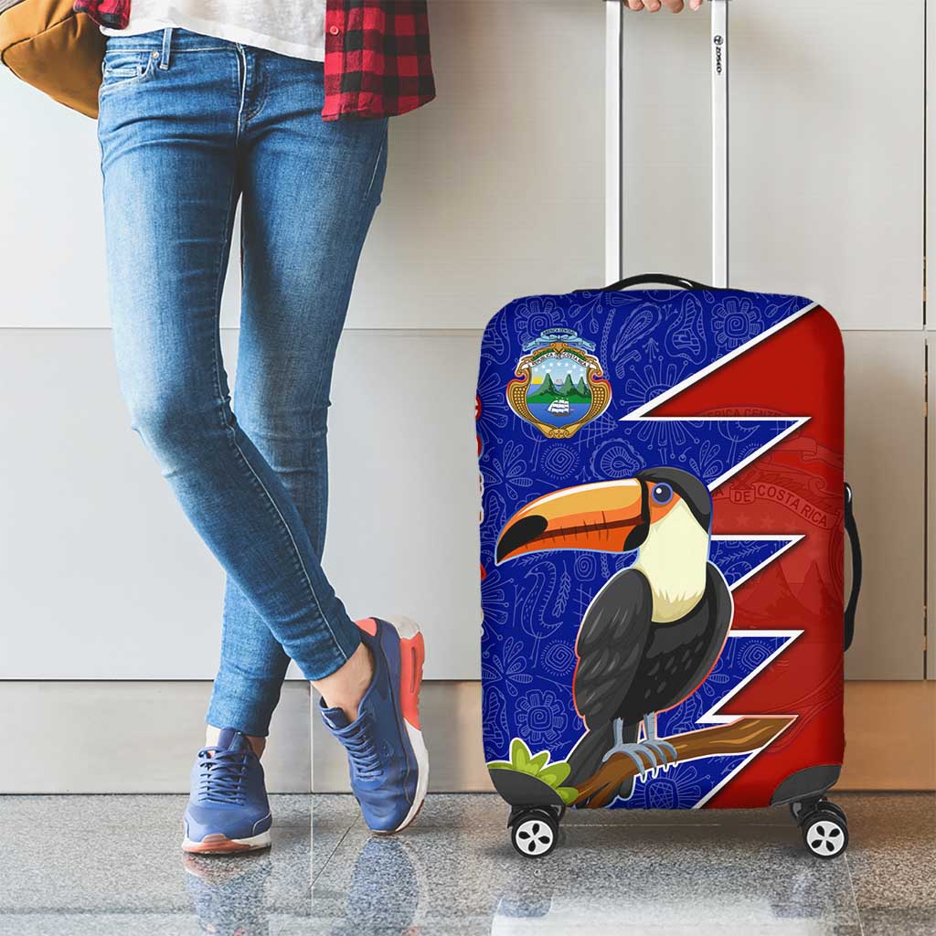 Costa Rica Toucan Luggage Cover Red and Blue with National Seal and Tropical Bird Graphic TS04