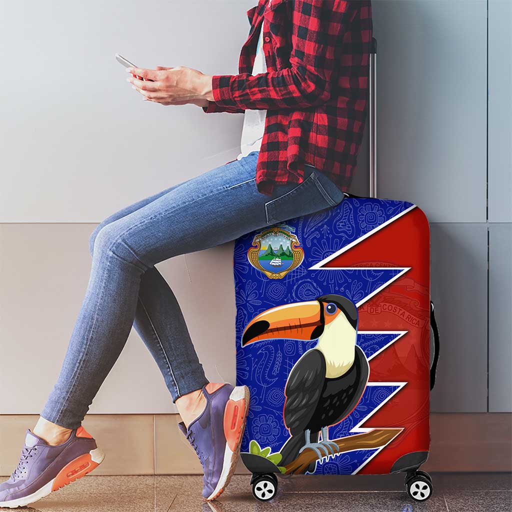 Costa Rica Toucan Luggage Cover Red and Blue with National Seal and Tropical Bird Graphic TS04